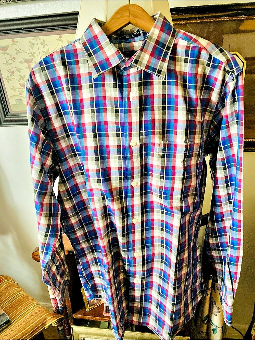 Neiman Marcus Plaid Cotton Button Down Shirt Blue & Pink Medium